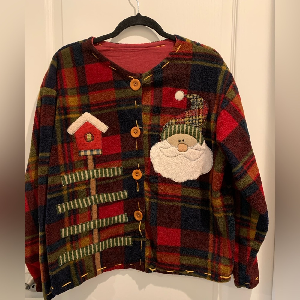 Christmas Free Size Open Front Cardigan Handmade Plaid Long Sleeve Sweater